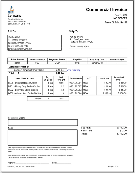 Commercial Invoice (Pre 2020.5) – Fishbowl Reports
